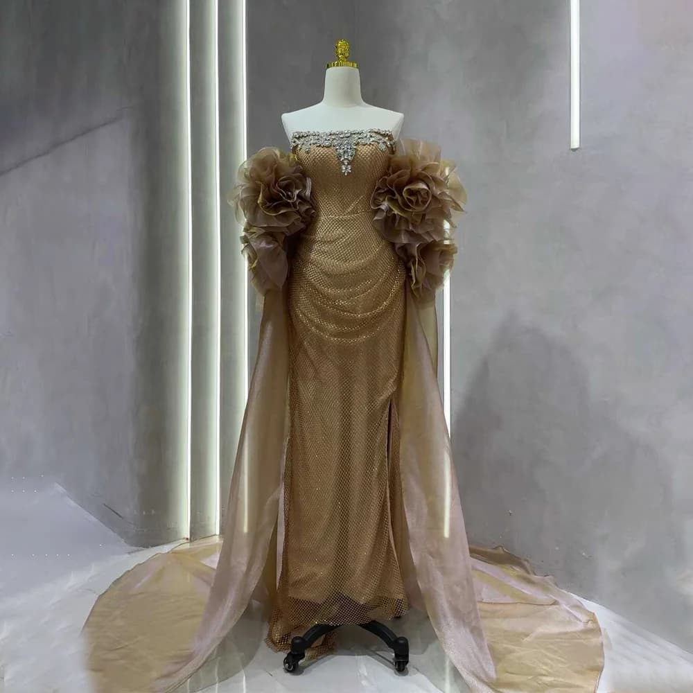 Customized Luxury Dubai Arabic Mermaid Evening Dress with Beaded Bodice and Cape Sleeves Formal Party Dress for Ladies Party
