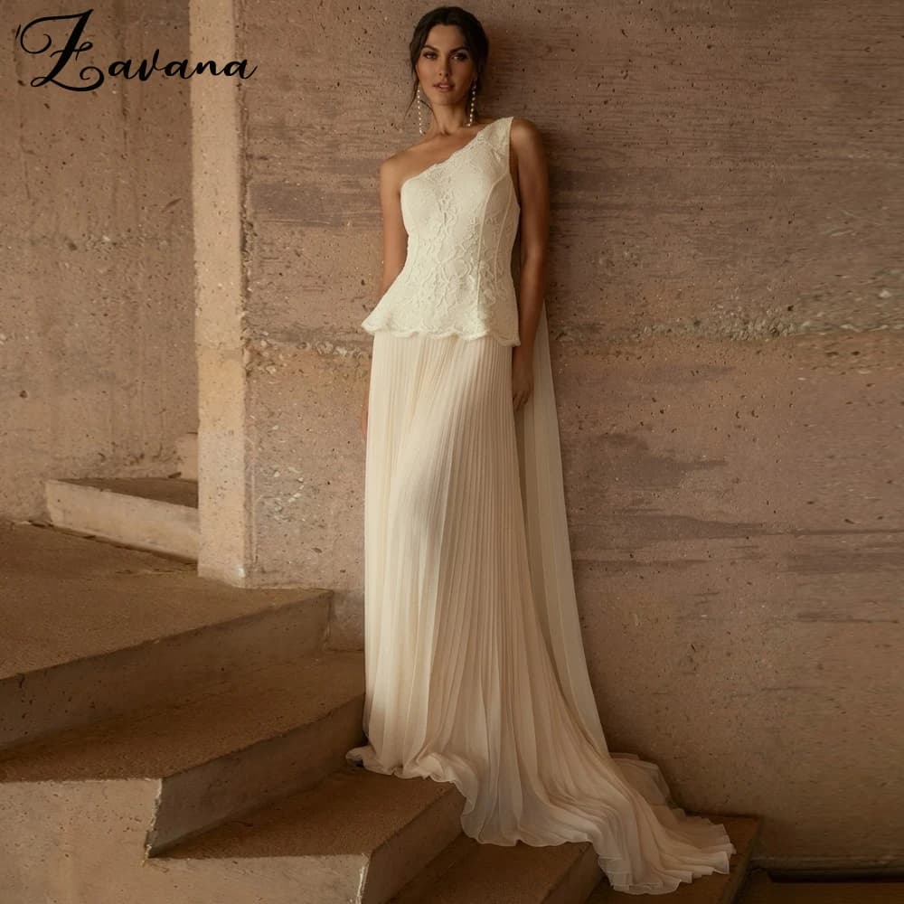 Zavana Charming One Shoulder Prom Dress A-line Lace Appliques Pleat Sweep Train Formal Party Gown Vestido De Fiesta Customized