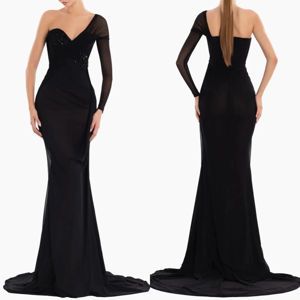 customizedCustomized Sparkly Crystal Evening Dress Delicate Sweetheart One Shoulder Party Dress  Graceful Long Sleeves Mermaid P