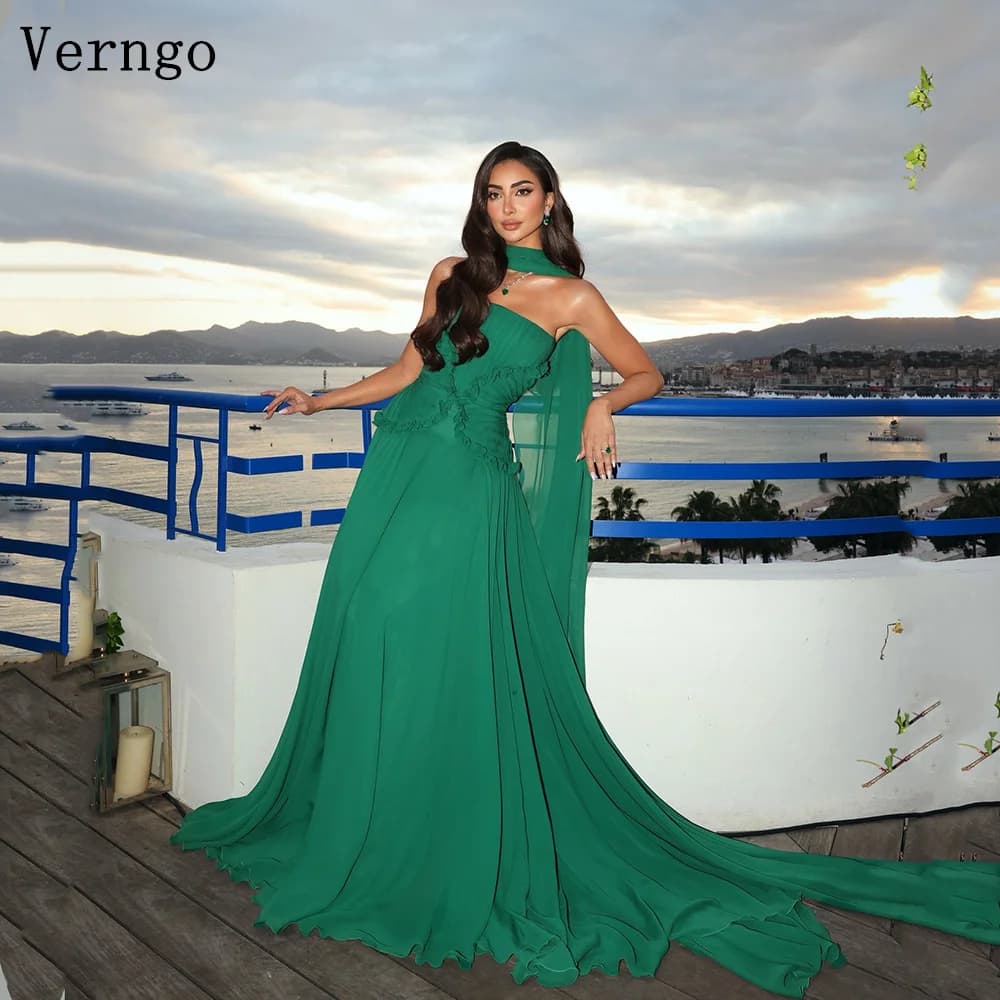 Verngo Green Chiffon Evening Dress Elegant Strapless A Line Prom Dress Flowing Hand-pleated Silk Prom Party Dress Customized