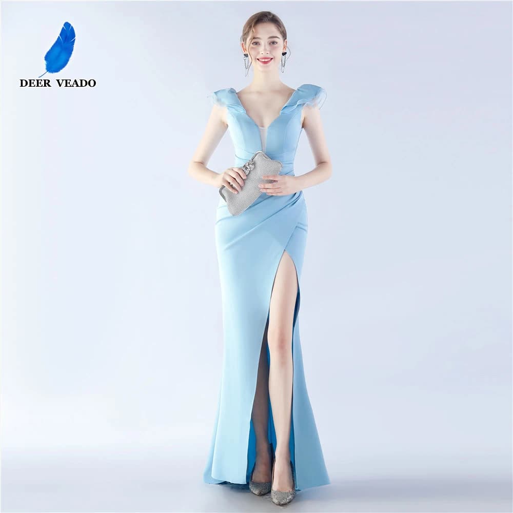 DEERVEADO Women's Mermaid V Neck Evening Dress Long Formal Party Maxi Dress Candy Color Special Occasion Dresses