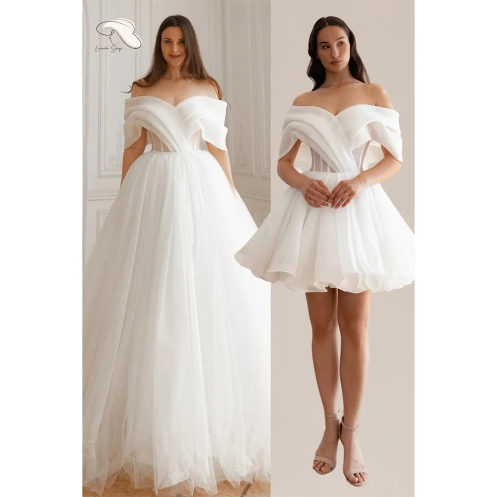 Lorinda White A-Line Tulle Customize Wedding Dress Sleeveless Off Shoulder Bridal Gown Detachable Train Zip Wedding Gown 202