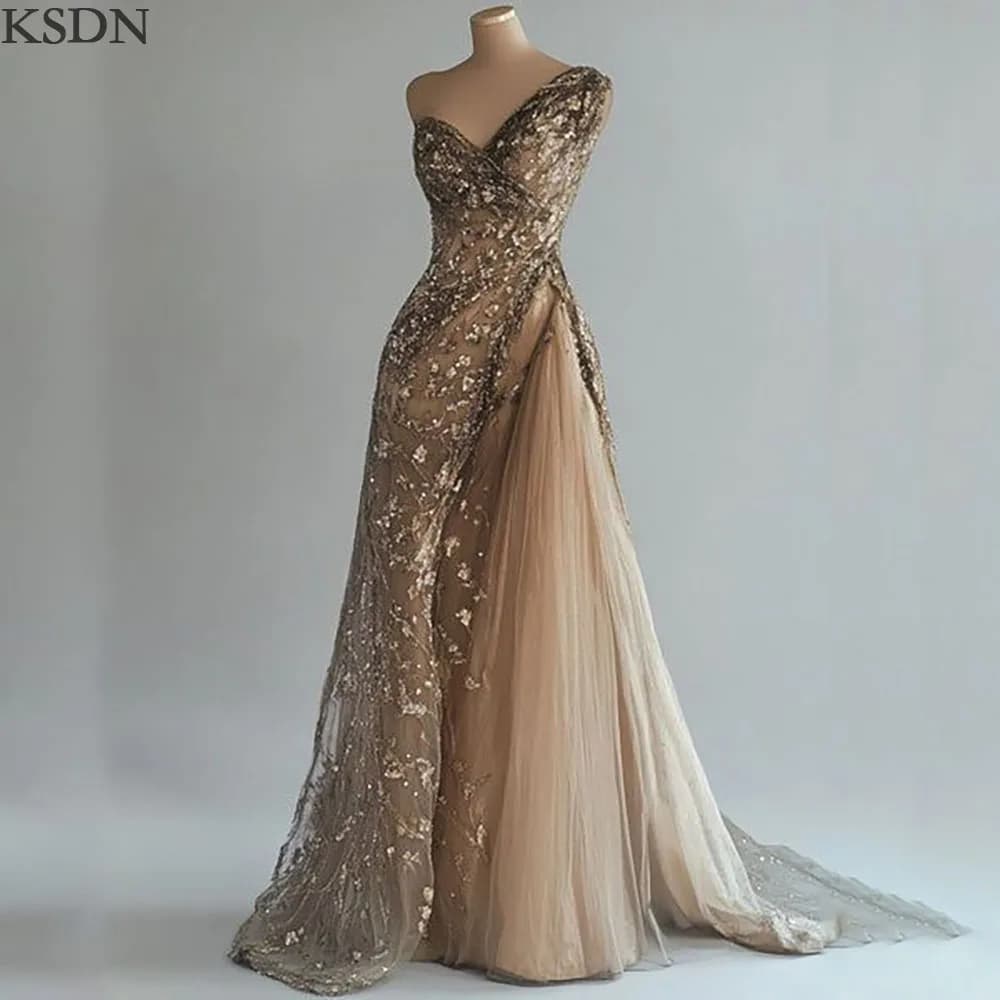KSDN Luxury One-Shoulder Appliques Beading Evening Dresses 2025 Fashion Sleeveless Chapel Train Tulle Gown Formal Occasion Dress
