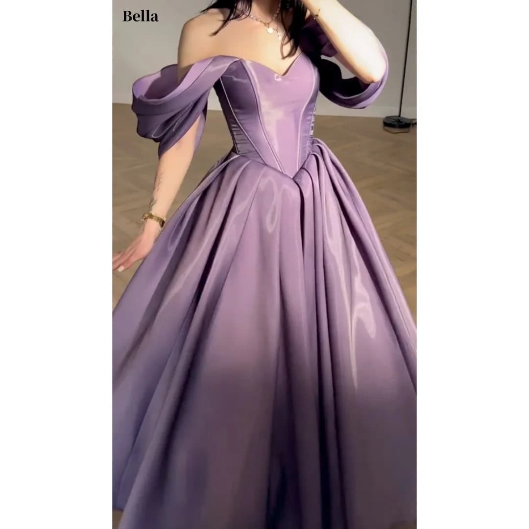 Bella Customized Luxury Satin Elegant Off Shoulder Prom Dresses A-line vestidos de noche Puff Sleeve Ball Gown Formal Evening