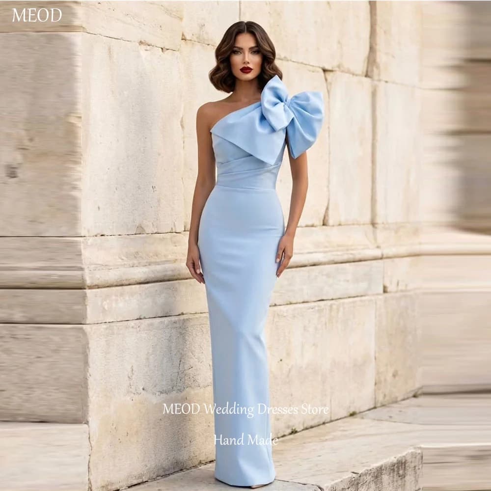 MEOD Sky Blue Satin Evening Dresses Mermaid Floor Length Sleeveless Modern Prom Gown Scalloped Bow One Shoulder Dress Customized