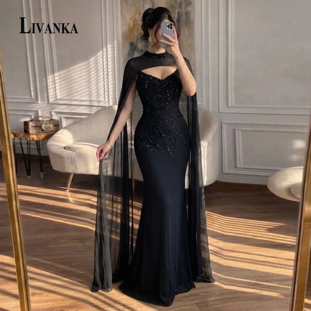 LIVANKA Charming Beadings Evening Dress for Woman Mermaid V-neck Cape Corset Saudi Arabric Pageant Vestidos De Noche Customized