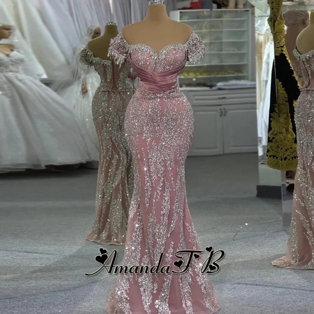 Amanda Sparkly Sequins Evening Dress Sweetheart Off the Shoulder Trumpet Pleat Special Occasion Gown Robes De Soiree Customized
