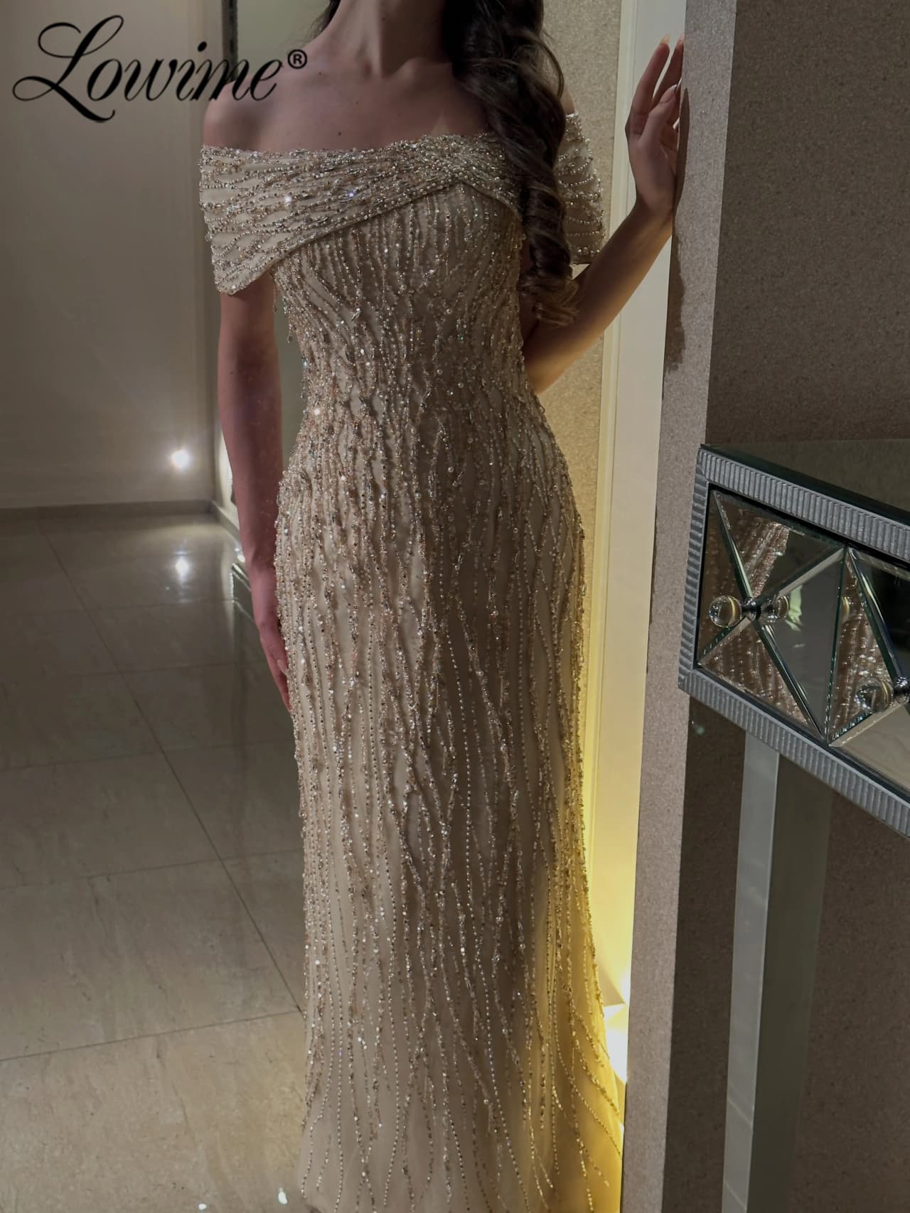 Beaded Off Shoulder Elegant Champagne Evening Dress Customized Mermaid Birthday Party Dresses 2026 Arabic Engagement Prom Gowns