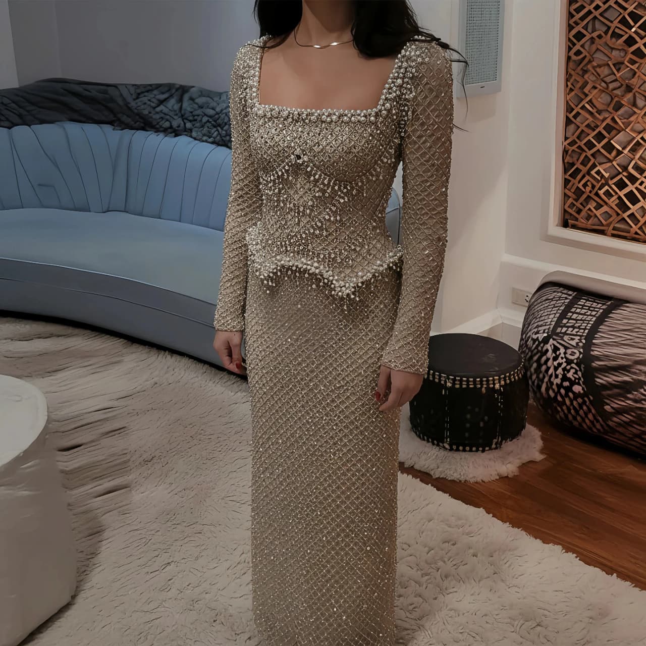 Sharon Said Long Sleeve Mermaid Evening Dress Luxury Beaded Square Collar Formal Occasion Party Gown for Women SS633 Customized