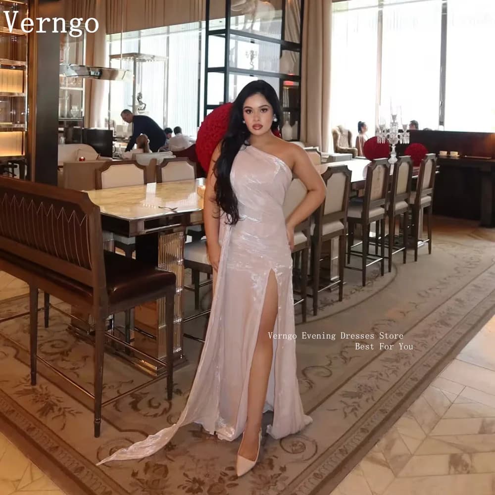 Verngo Shiny Satin Evening Dress One Shoulder A Line Pletaed Side Slit Party Dresses Elegant Modern Prom Gowns Customized