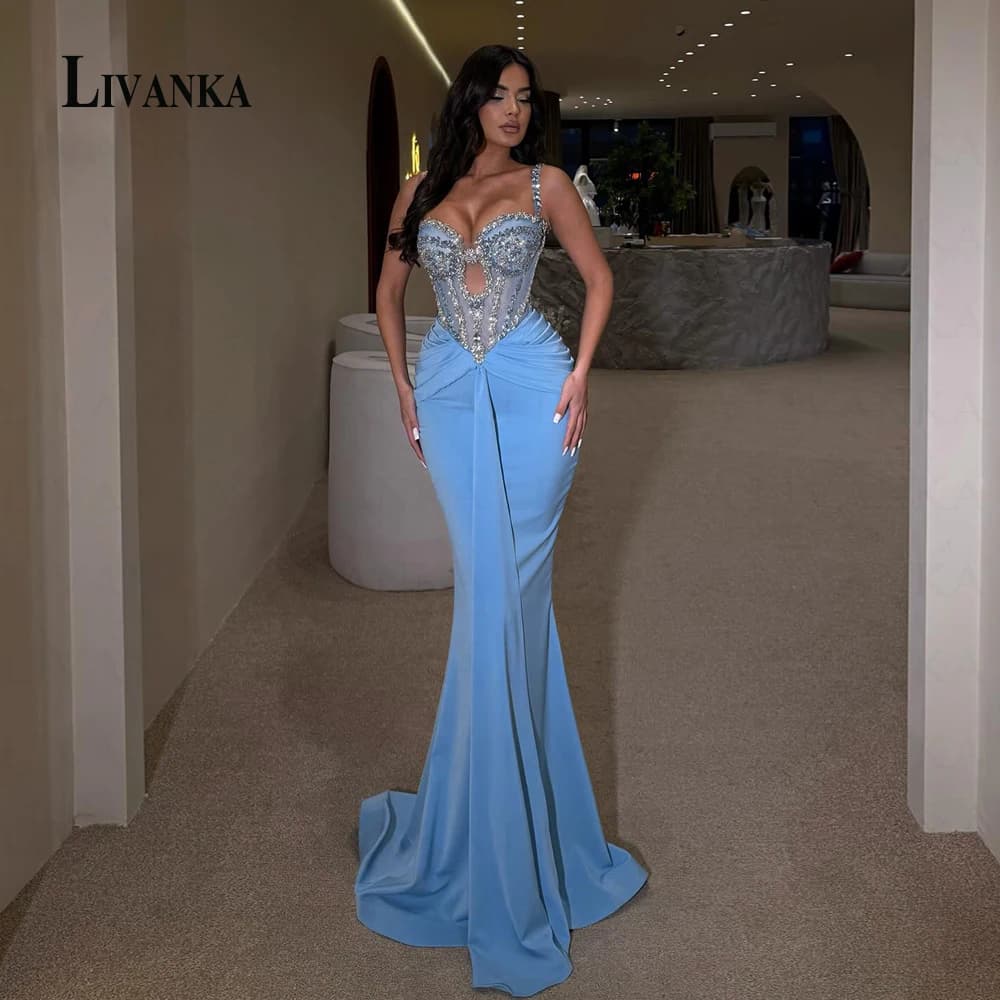 LIVANKA Mordern Mermaid Evening Dress for Woman Satin Rhinestones Lacing Up Pleat Saudi Arabric Vestidos De Noche Customized