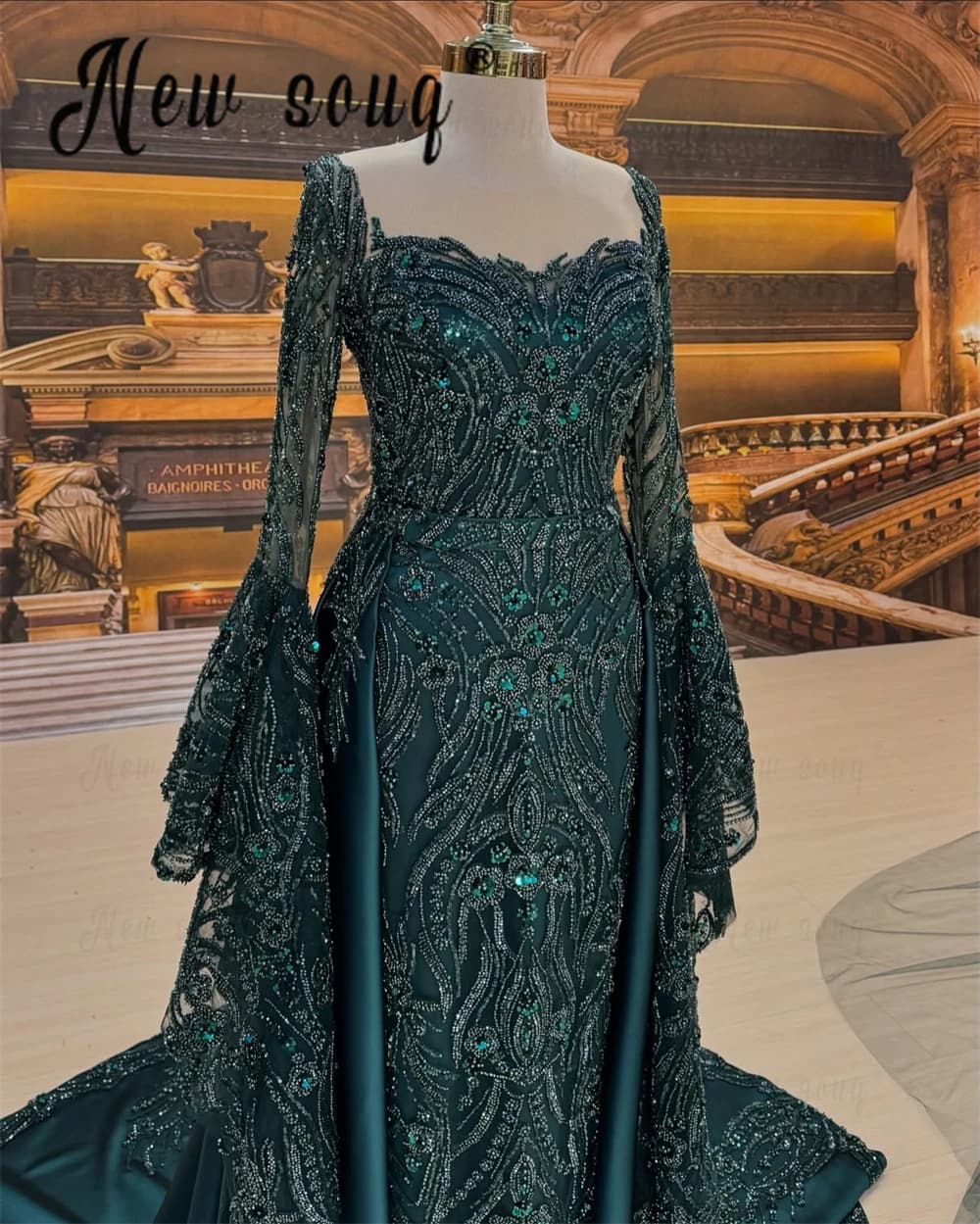 Bell Long Sleeve Dark Green Evening Dress With Overskirt 2025 Beaded Sequins Wedding Party Dresses Customized Formal Prom Gowns