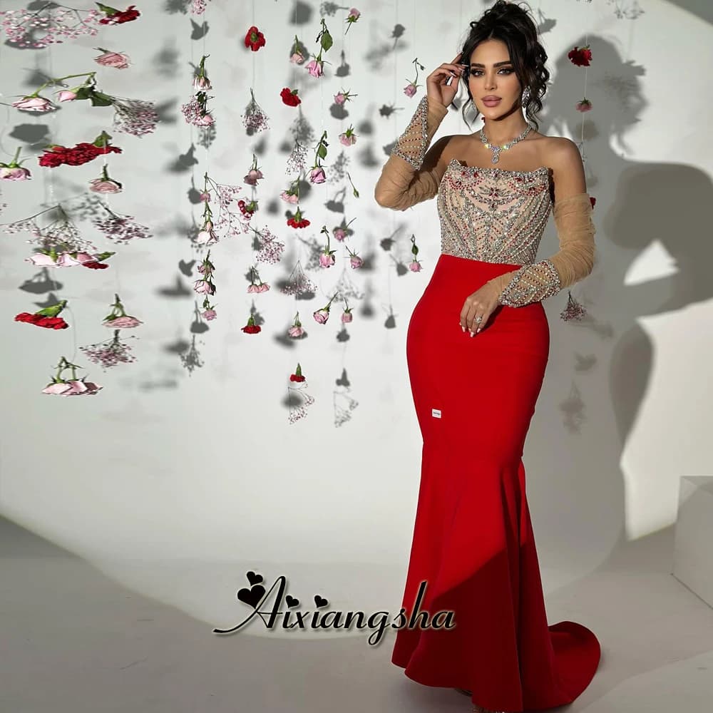 Aixiangsha Luxurious Rhinestones Evening Dress Pleat Mermaid Strapless Sweep Train Formal Party Gown Robe De Soiree Customized
