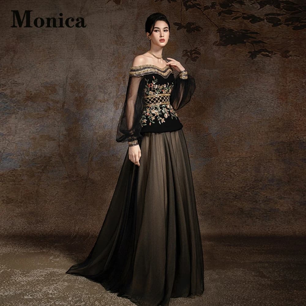 MONICA Princess Appliques Prom Dresses for Women Puff Sleeves Off the Shoulder Evening Gowns Vestidos De Gala Customized Plus