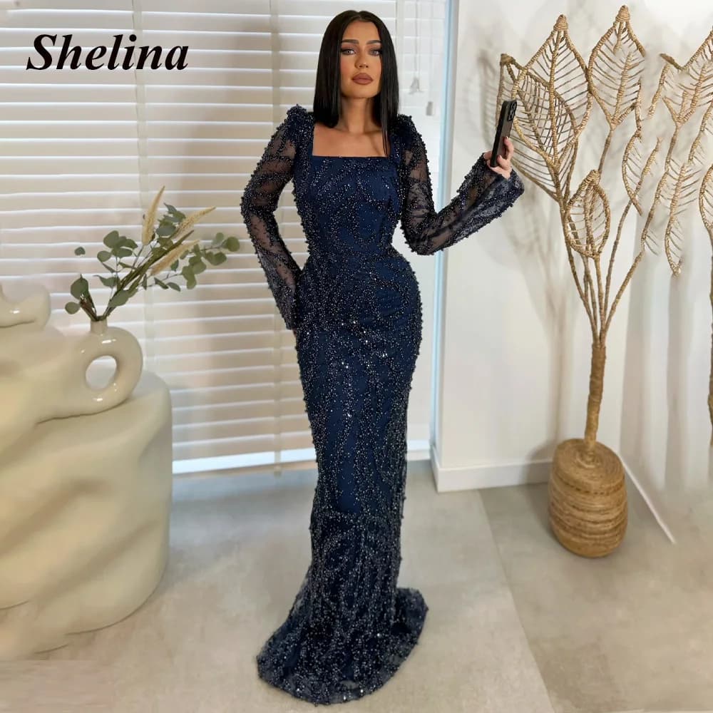 Shelina Charming Cap Sleeves Evening Dress Sequins and Beads Square Collar Mermaid Formal Party Gown Robes De Soiree Customized