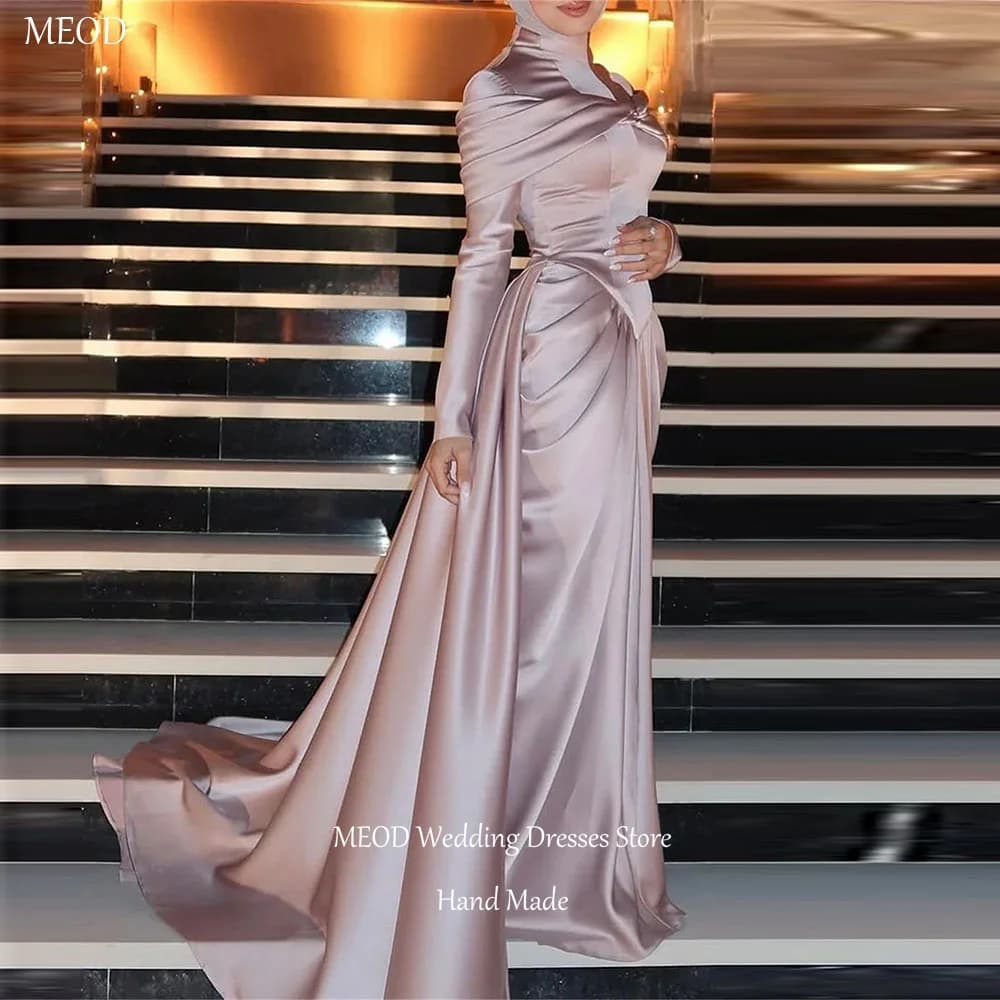 MEOD Satin Evening Dresses Dubai Long Train A Line High Neck Formal Prom Gowns Off The Shoulder Long Sleeves Dress Customized