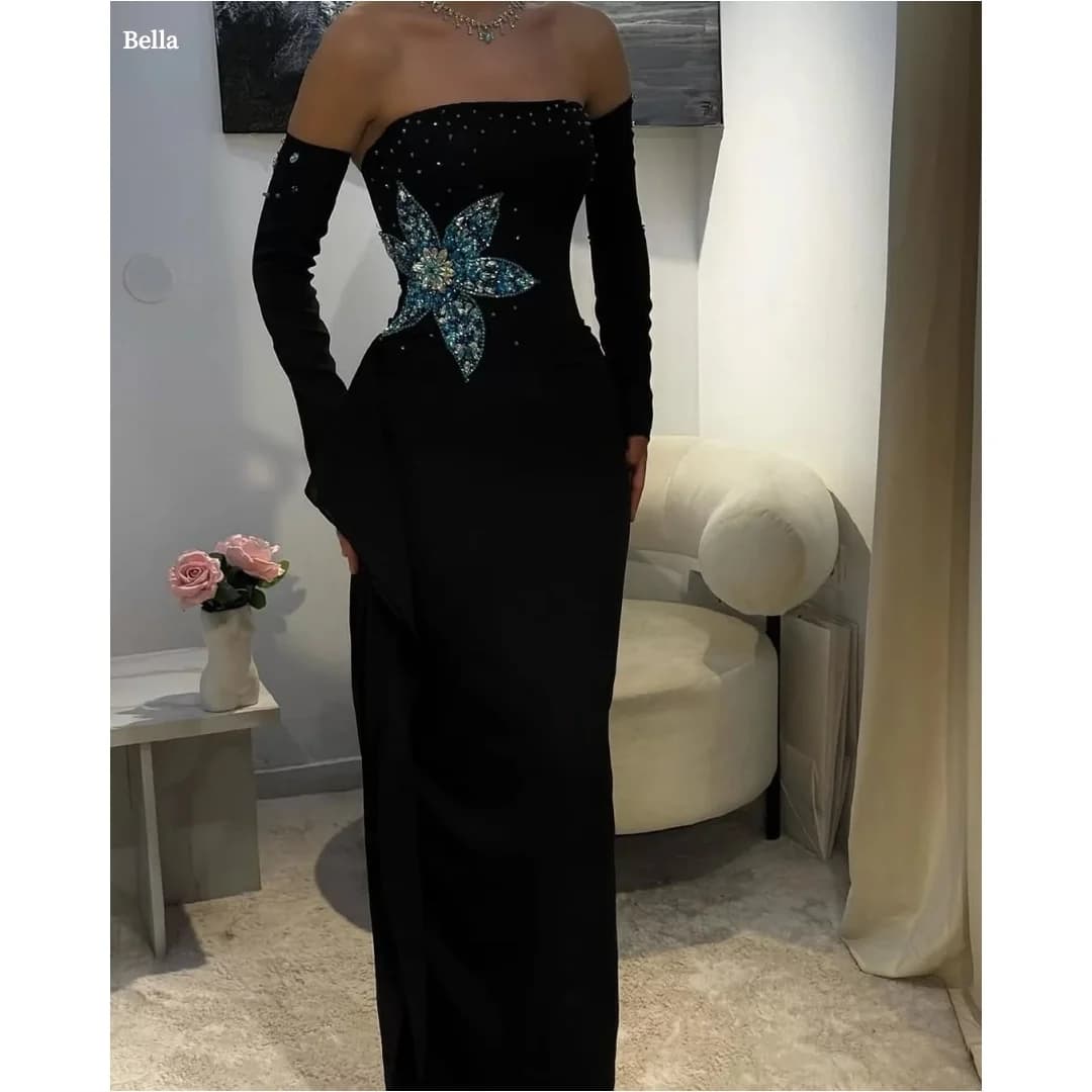 Bella Customized Black Strapless Detachable Long Sleeve Prom Dress Satin Beaded Floral Applique Floor Length Party Dresses 2025