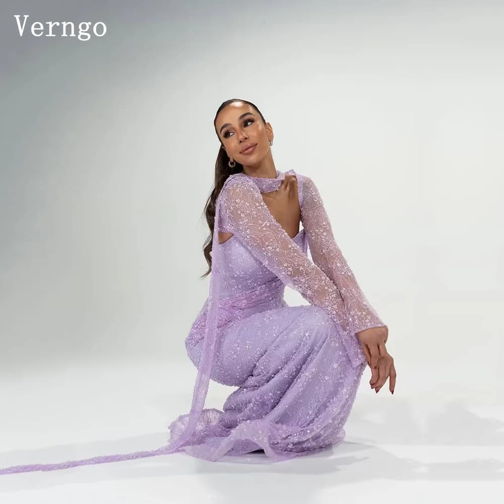 Verngo Purple Lace Luxury Evening Dress Square Collar Full Sleeves Formal Occasion Dress Eid Arabia Prom Gown Customized