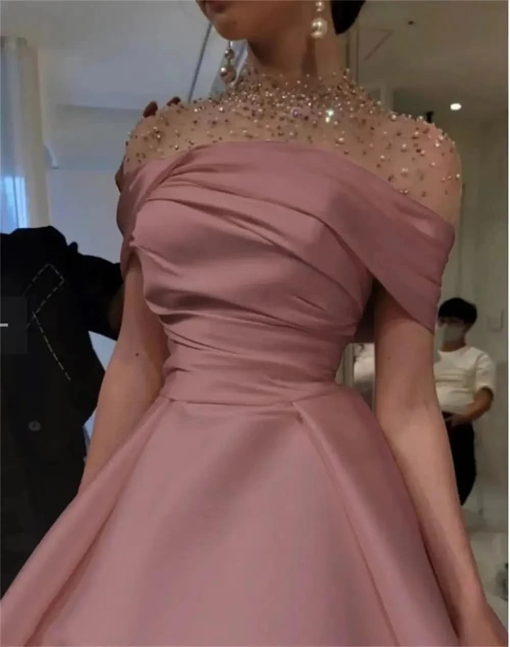 Formal Pink Pearls Long Bespoke Occasion Gown Evening Dresses Prom Pastrol Unisex Jersey Retro Dubai Saudi Arabic Customized
