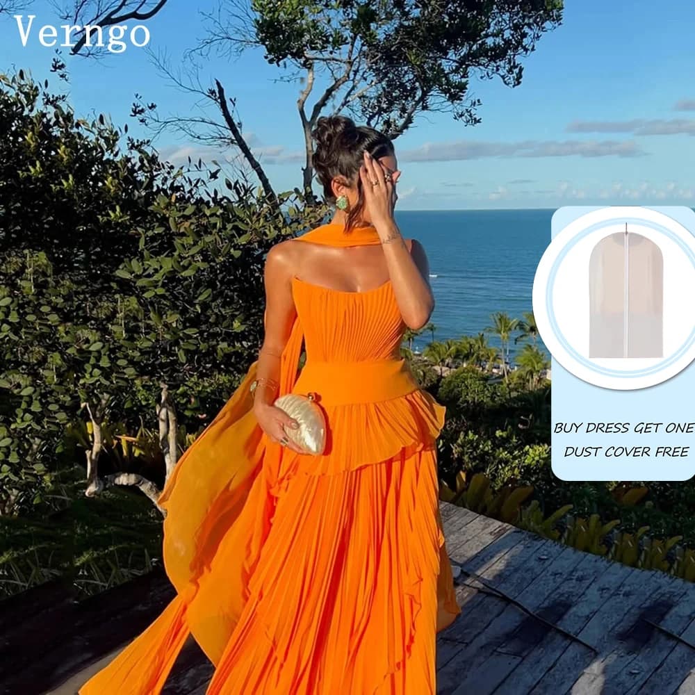 Verngo Orange Chiffon Evening Dress Pleated Scarf Long Party Gowns Women Elegant Guest Wedding Party Dress vestido Customized