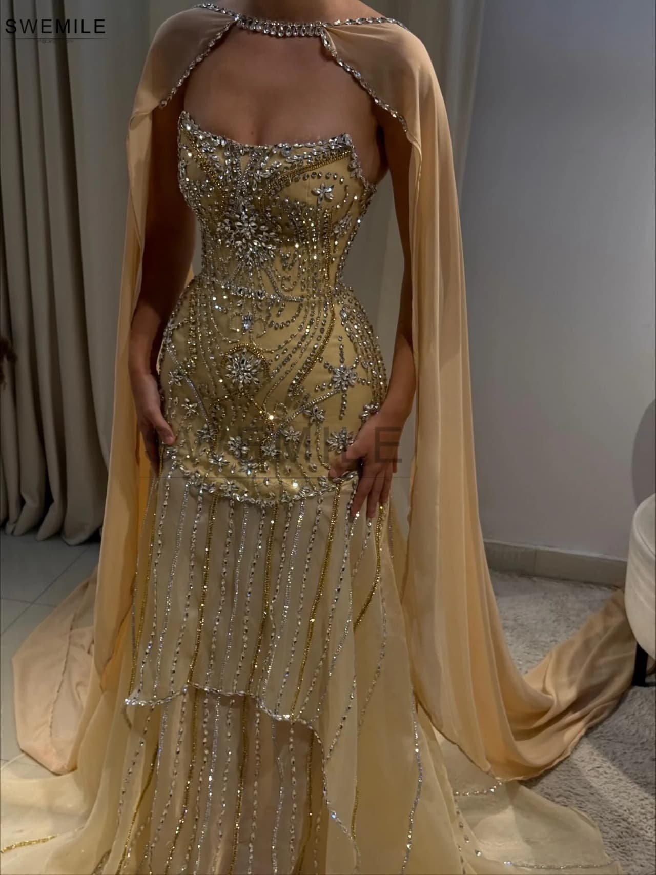 SWEMILE Strapless Evening Dress With Cap Sleeve Shiny Luxury Crystal Beading Bandage Back Mermaid Dresses Customized Train Gowns