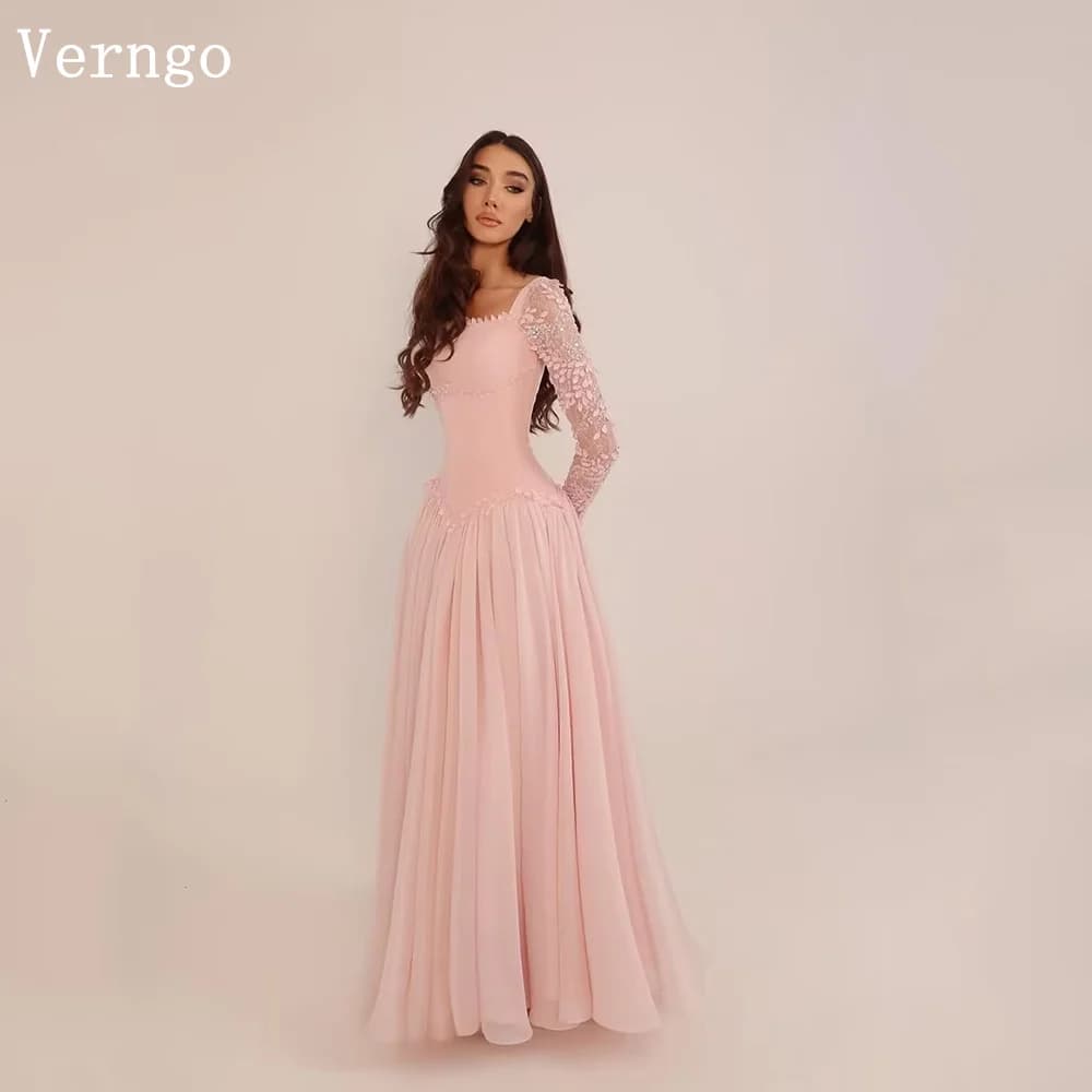 Verngo Luxury Pink Beads Prom Gownn O Neck Full Sleeves A Line Evening Dress Modern Maxi Prom Party Gowns Customized