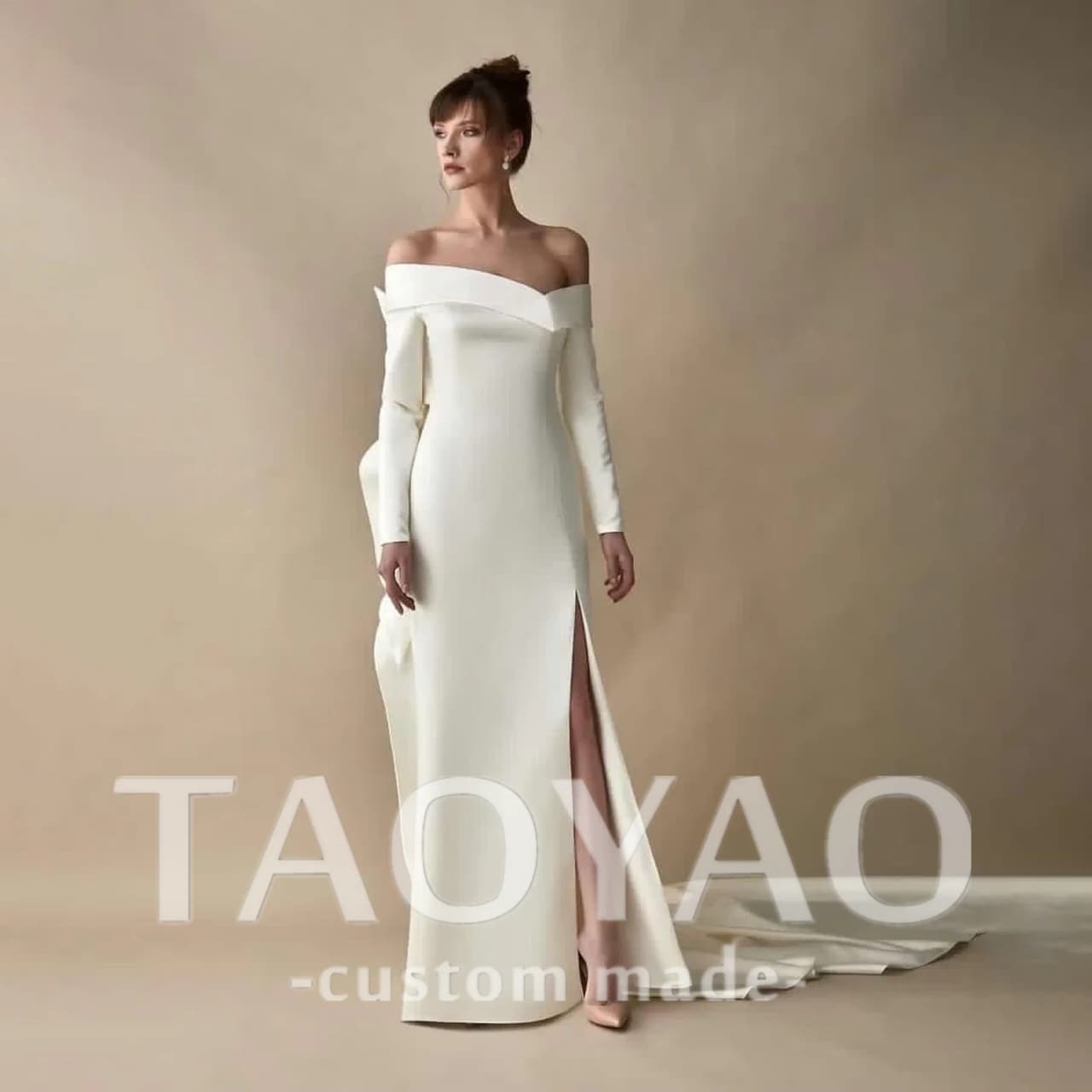 White Off Shoulder Customized Formal Evening Dresses Sheath Long Sleeves Side Slit Floor Length Elegant Prom Gowns Party Women