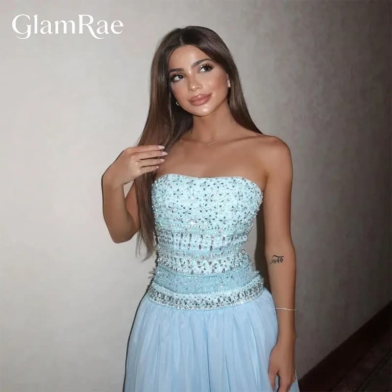 GlamRae Customized Prom Dress Blue Fashion Chiffon Beaded Bodice Dubai Strapless Formal Women Party Gowns Vestidos De Noches