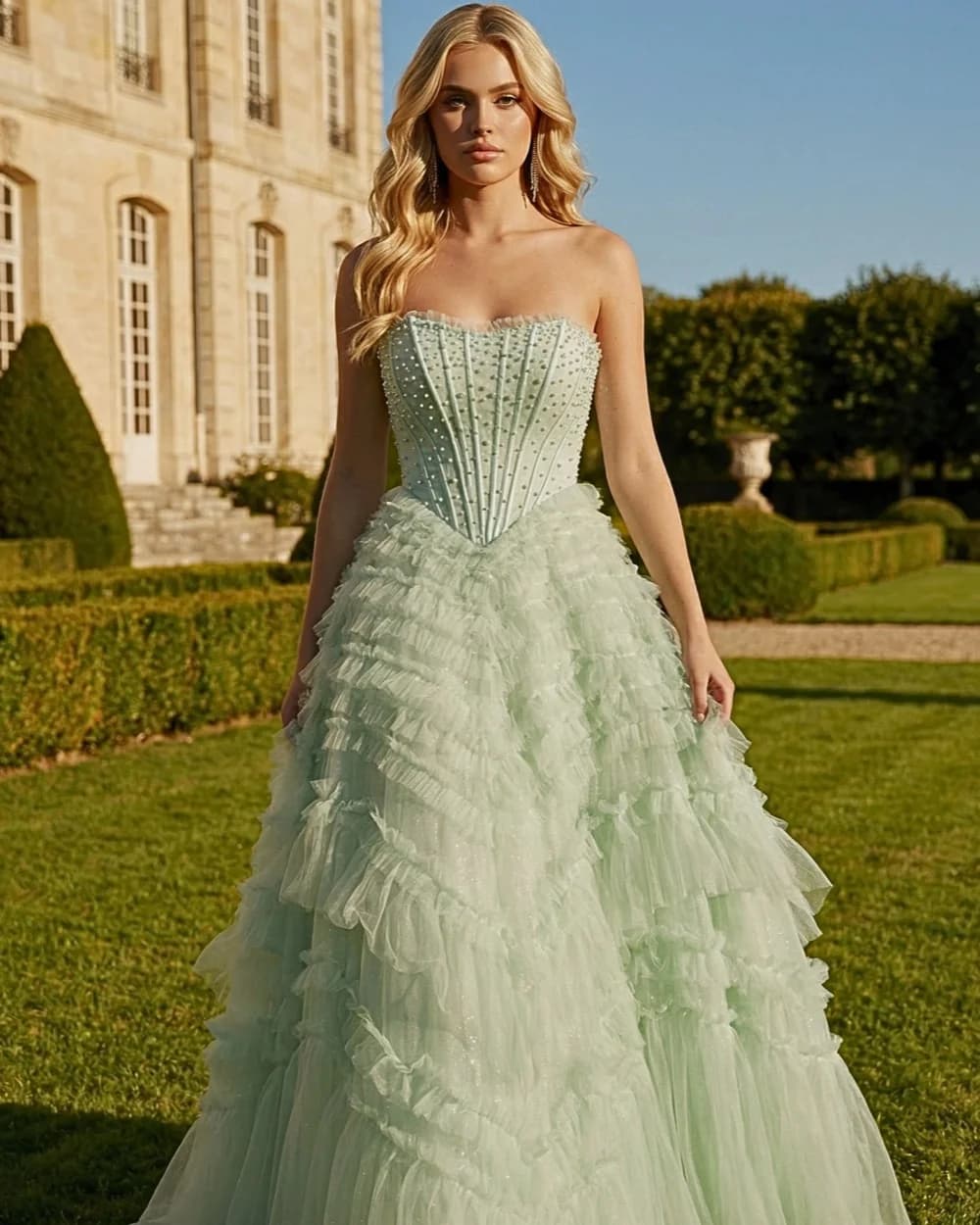 Customized High Quality Women Tulle Beading Ruched A-Line Evening Dresses Formal Strapless Sleeveless Floor Lenght Prom Dresses