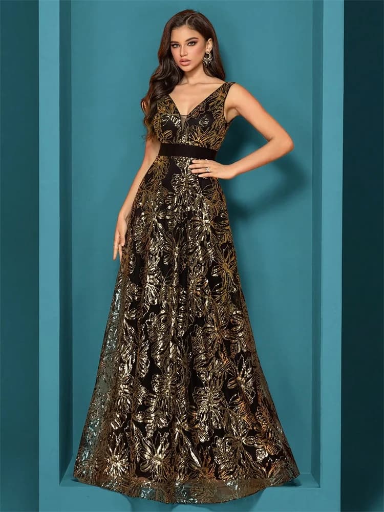 Luxury Sexy Deep V-Neck Sequins Blue Evening Dresses Women Elegant V-back Wedding Party Long Prom Cocktail Dress