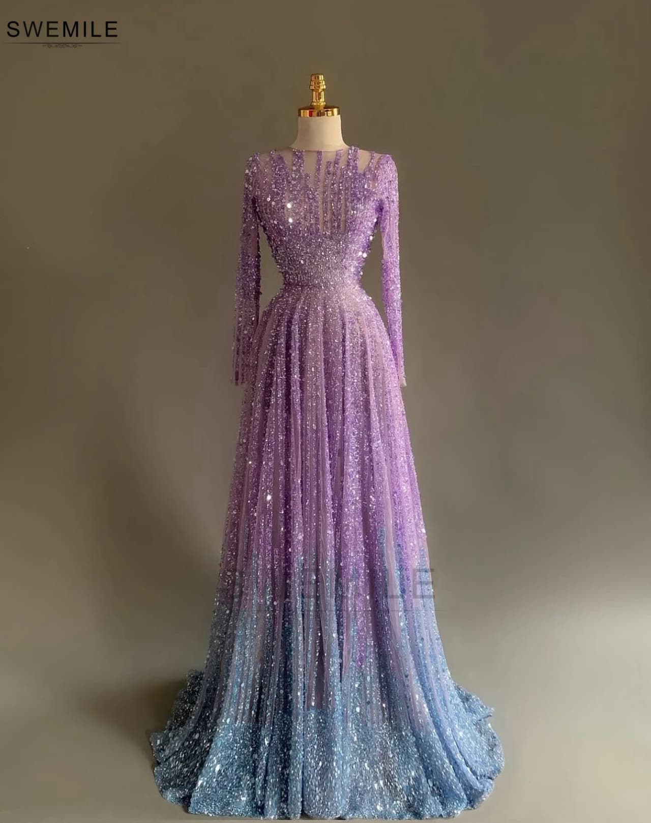 SWEMILE Luxury Beaded Evening Dresses Purple-Blue Sequins Beading O-Neck Long Sleeve Prom Dress Customized A-Line Formal Gowns