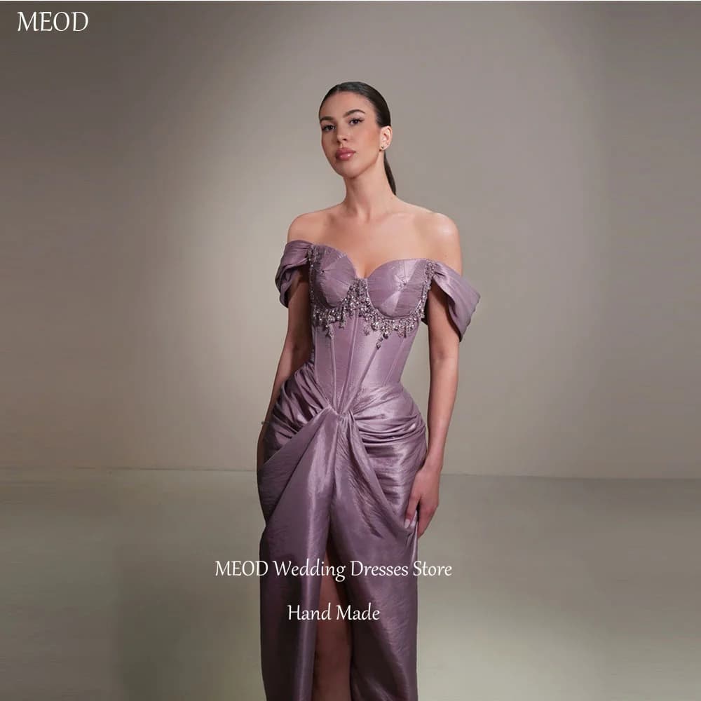 MEOD Purple Fashion Evening Dresses High Slit Sweetheart Crystal Prom Gown Off The Shoulder Floor Length Party Attire Customized