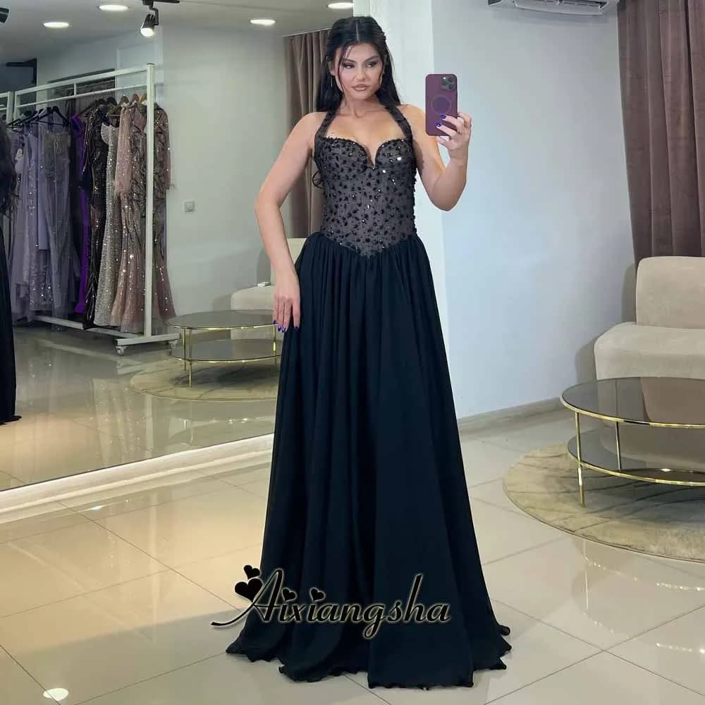 Aixiangsha Classic Evening Dress with Rhinestones A-line Halter Sleeveless Sweep Train Pleat Vestido De Formatura Customized