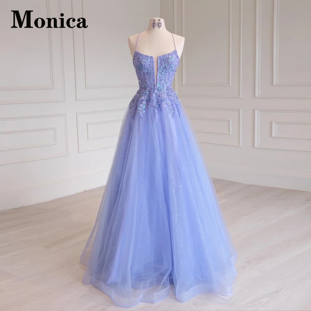 MONICA Classic Appliques Prom Dresses for Women V-Neck Spaghetti Straps Evening Gowns Vestido de Formatura Customized Plus