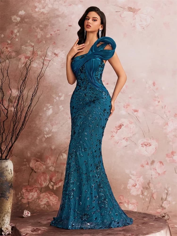 Lucyinlove Luxury Slanted shoulder Sequins Maxi Evening Dresses Waist-cinching mermaid Wedding Party Night Elegant Cocktail Gown