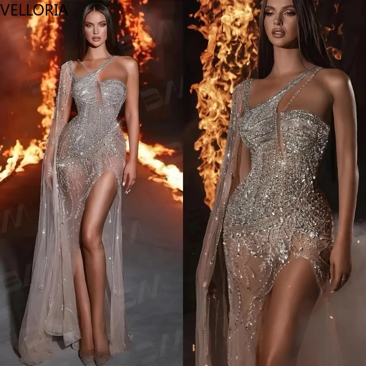 Sparkly Silver One Shoulder Prom Dress with Cape Sheer Mesh Crystal Embellished Evening Gown High Slit Birthday Dress Customized