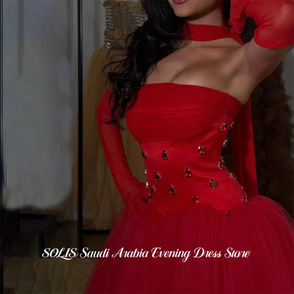 SOLIS Red Party Dress Strapless A Line فساتين السهرة with Crystal Night Dress Neck Scarf Celebrity Dress Customized