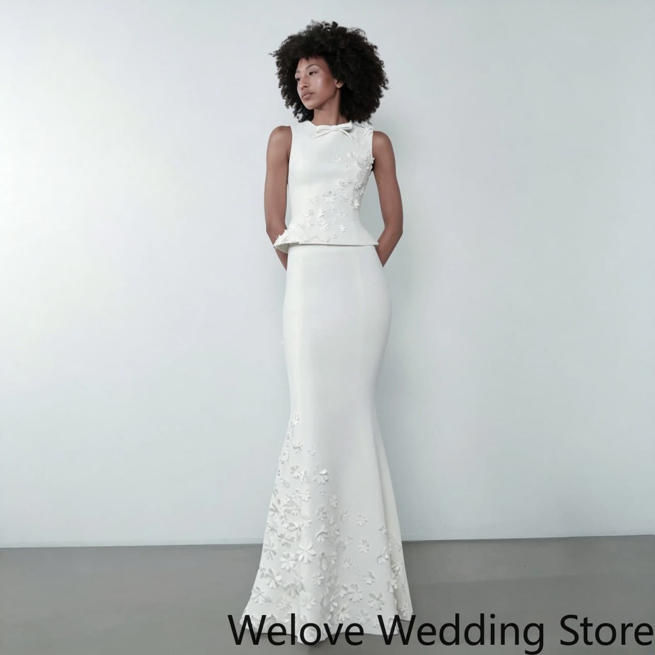 Two Piece Wedding Gown Designed With High Neck Sleeveless Peplum Top Decorated With 3D Floral Appliques Fitted Mermaid Dress