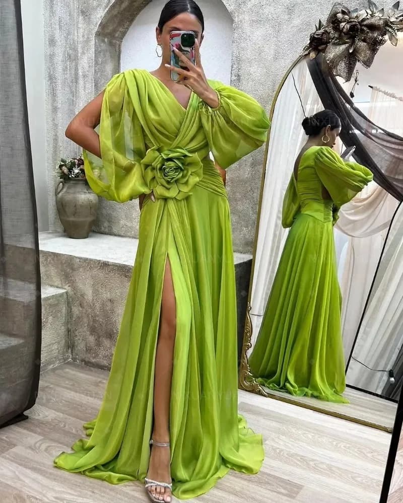 Charming Chiffon V Neck Prom Dresses Handmade Flower A Line Long Sleeves Split Formal Evening Dresses Customized Evening Gown