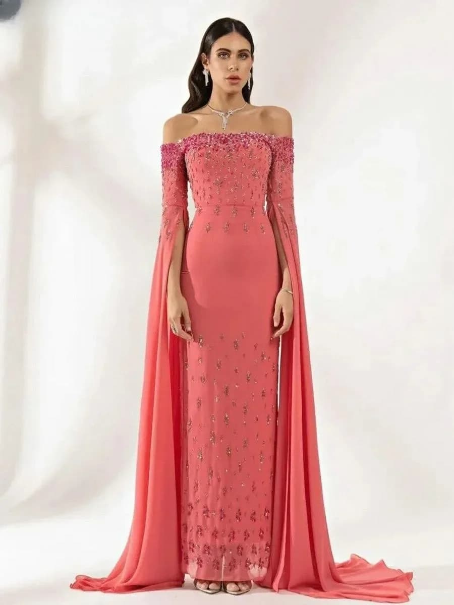 Customized Half Sleeve Sequined Beading Off The Shoulder Ribbons for Woman Formal Wedding Guest Evening Prom Cocktail Dresses
