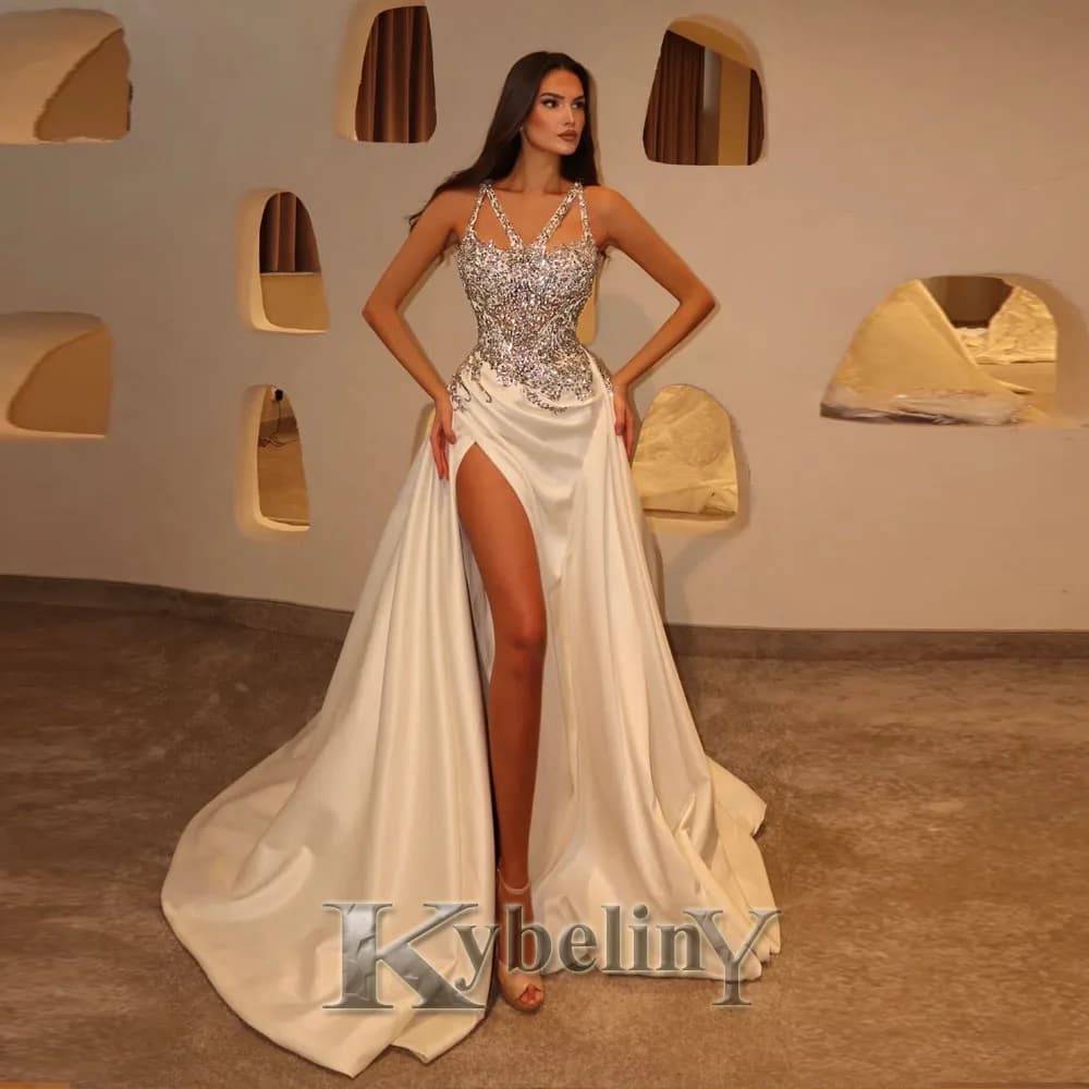 Kybeliny Vintage Slit Evening Dresses for Women Rhinestones Chapel Train Ruched  Prom Dress Vestido De Noche Customized Plus