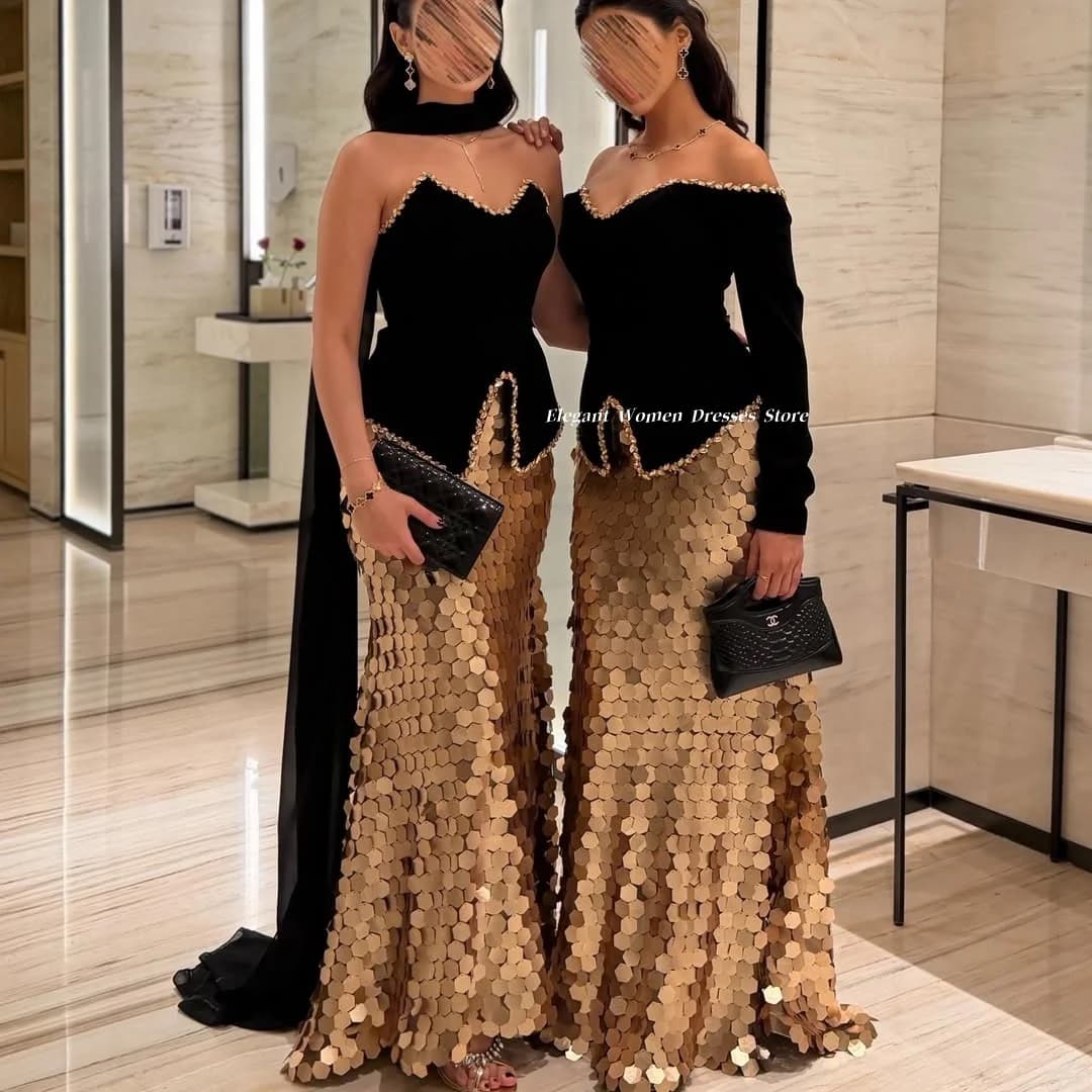 Evening Dresses Off Shoulder Mermaid Maxi Gown Gold Sequin Skirt Beaded Neckline Pageant Wedding Guest Formal Dress Customized