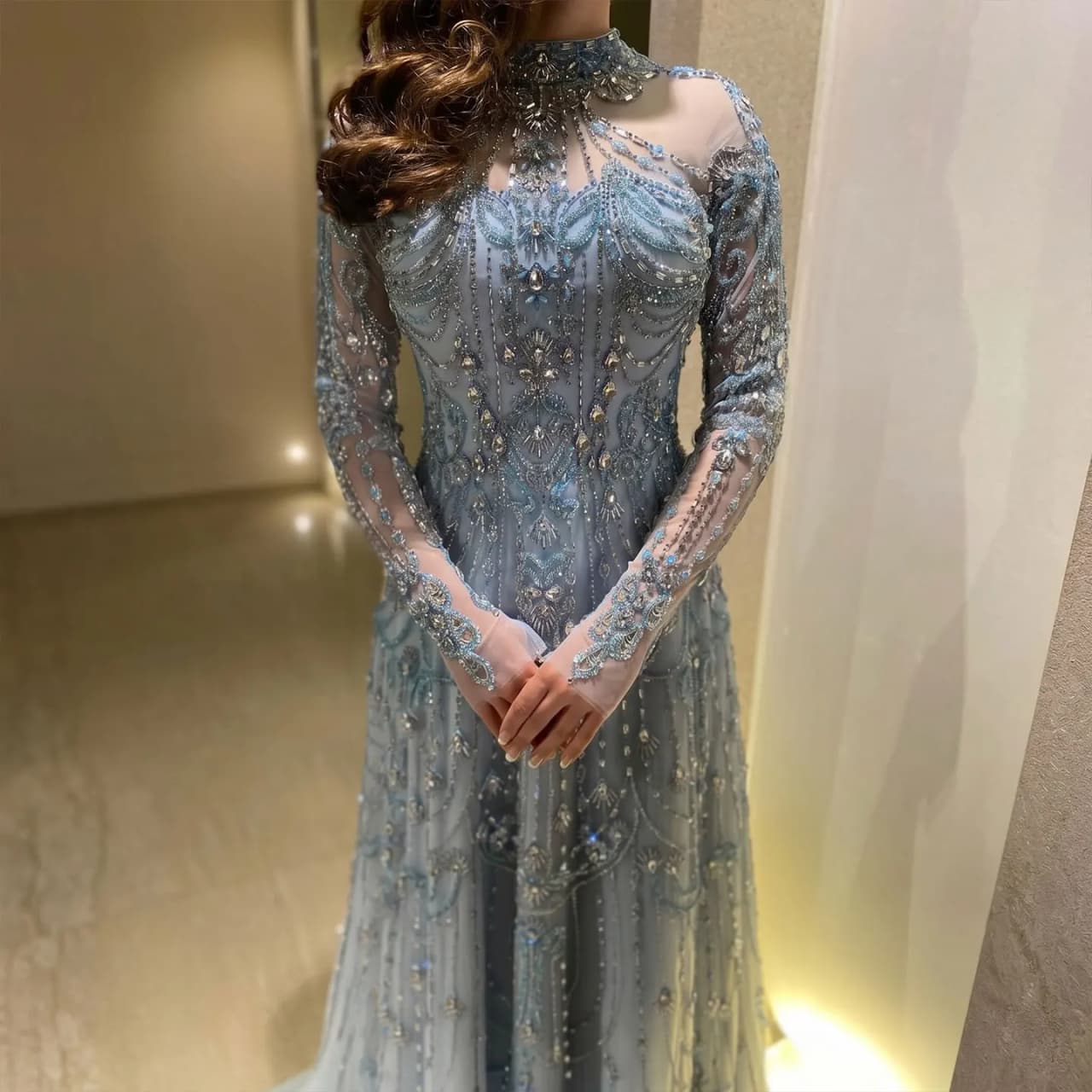 Sharon Said Elegant Arabic Blue Long Sleeves High Neck Dubai Evening Dress for Women Wedding Party Formal Gowns SS587 Customized