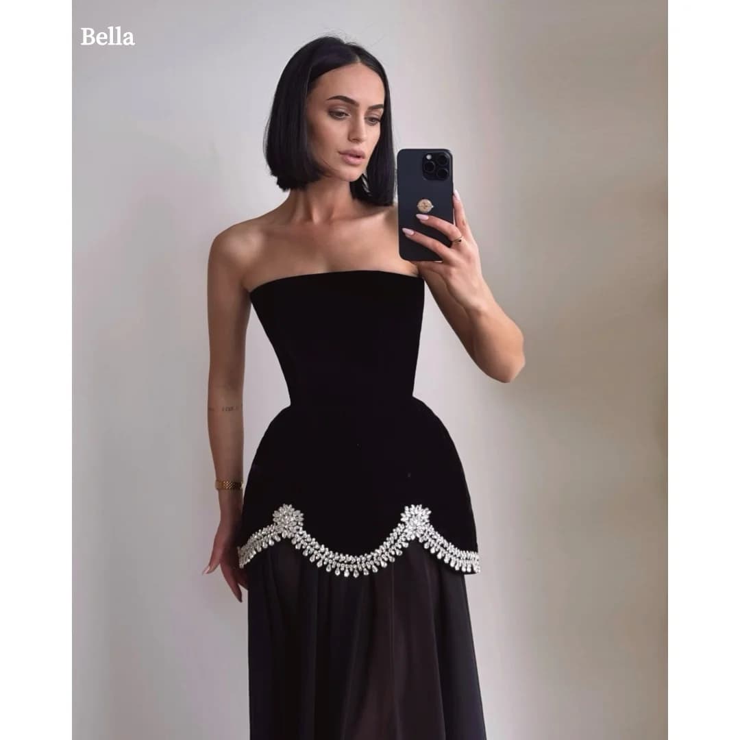 Bella Customized Black Glitter Strapless Backless robes de soirée SleevelessA-line Party Dresses Floor-Length Prom Dress 2025