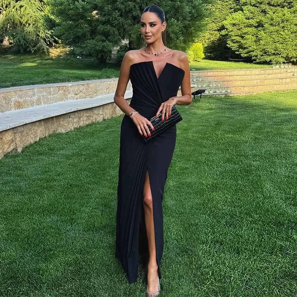 Chic Women's Evening Ball Gowns Jersey Sheath/Column Valentine's Day Dress Black Sweetheart Pleat Split Prom Dress Long 2025