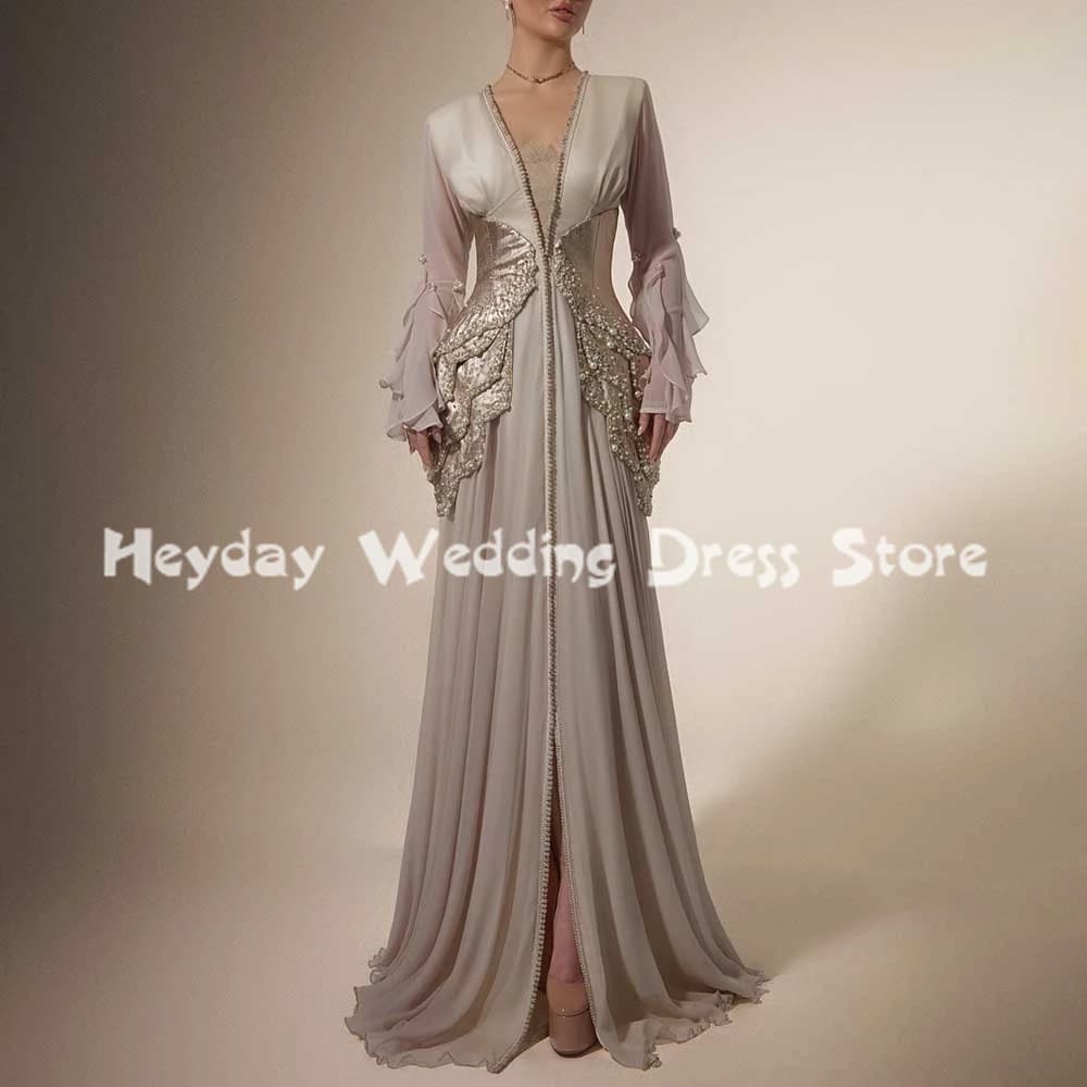 Heyday Women's Customized V-neck Pearls Chffion A Line Evening Dresses With Long Sleeves Floor-Length Elegant Party Dresses 2026