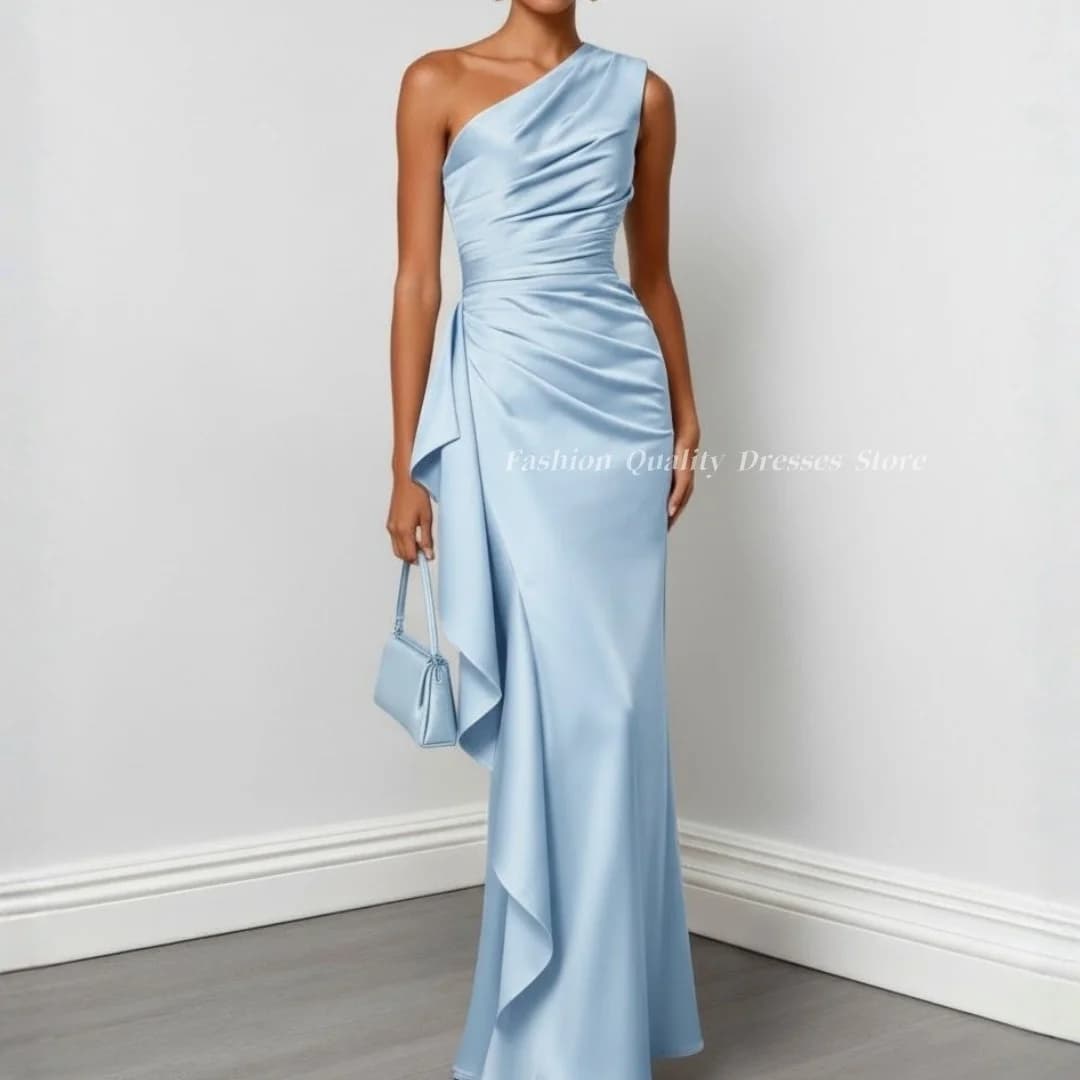 Elegant Evening Dress Light Blue One Shoulder Satin Formal Long Mermaid Gown for Women Prom Wedding Guest Customized