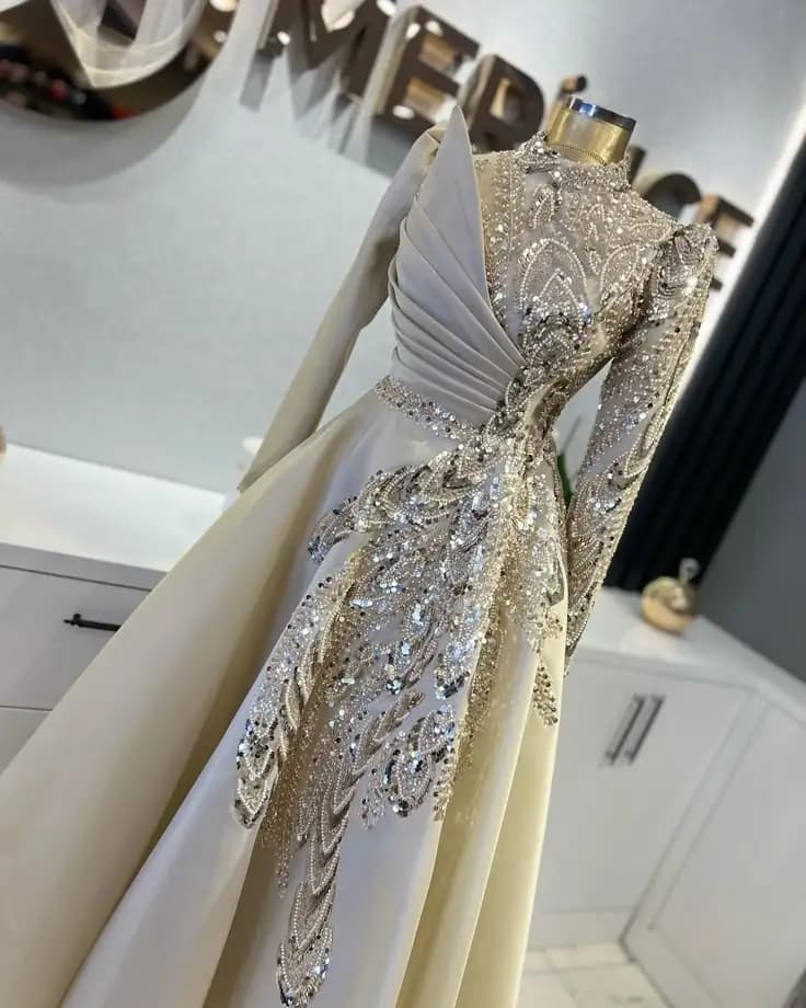 Modest Kosovo Silver A Line Evening Dresses For Women Party Long Sleeves  Lace Applique Albanian Prom Dress robe de mariage
