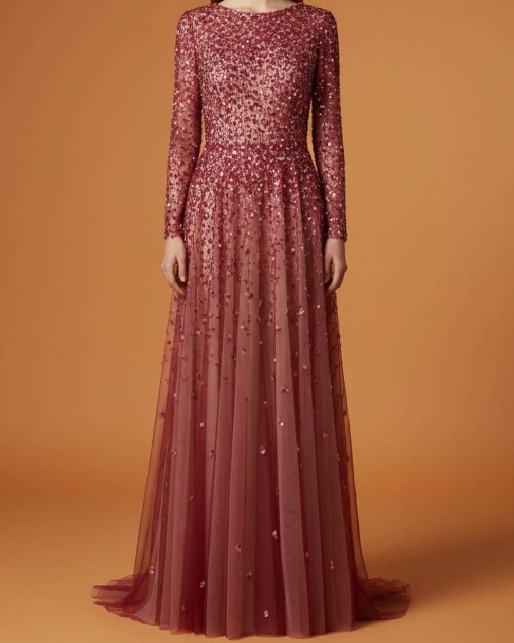 Customized Exquisite Women Tulle Sequined Beading A-line Evening Dresses Fashion O-Neck Long Sleeves Floor Lenght Prom Dresses