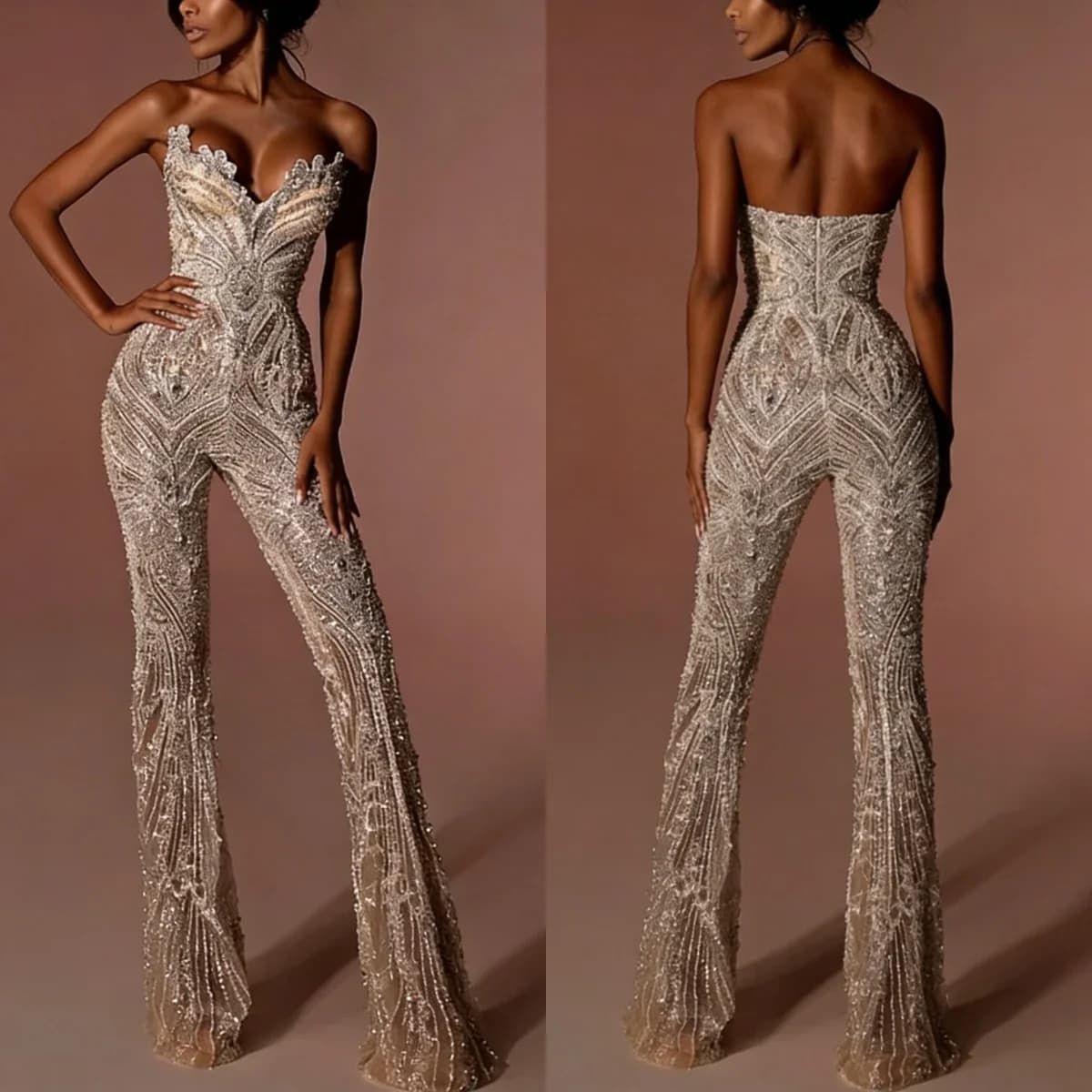 Luxurious V Neck Prom Dresses Sleeveless Lace Crystal Evening Dress Flare Pants Jumpsuits Celebrity Party Gown